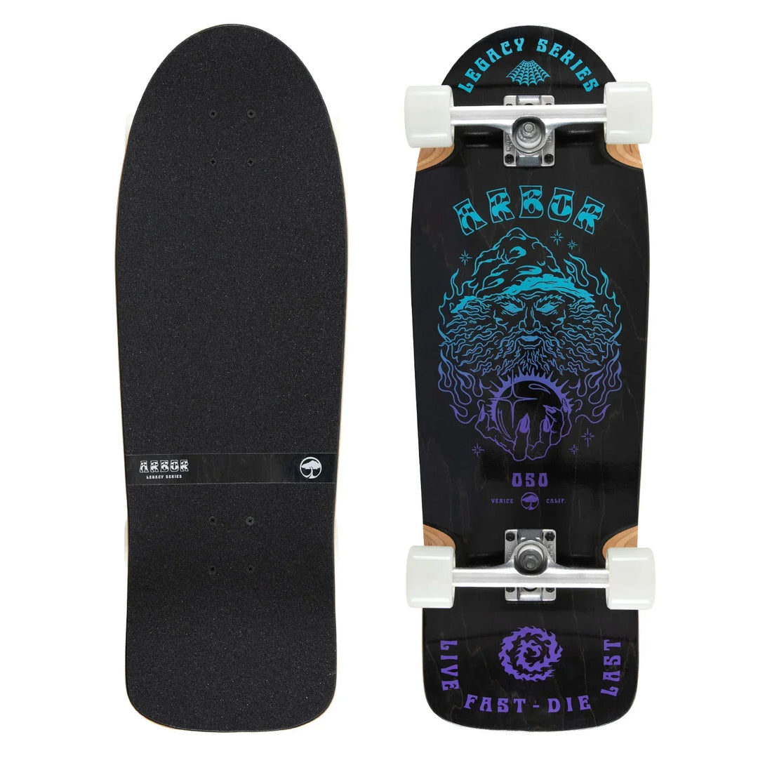 Arbor Legacy Series 050 cruiser skateboard with black deck, blue and purple graphic, white wheels