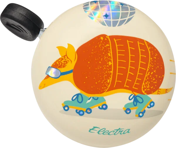 Fun armadillo on roller skates bike bell with disco ball design, perfect for coastal adventures and PNW style rides.