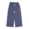 Navy blue kids' wide-leg sweatpants with pink logo, perfect for coastal adventures and PNW weekends