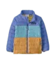 Color-blocked kids fleece jacket in blue, teal, and tan for outdoor adventures