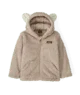 Soft beige toddler fleece jacket with bear ear hood, cozy outdoor wear for PNW adventures