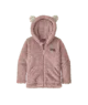 Soft pink fuzzy kids hoodie with bear ears, cozy outdoor wear for PNW adventures
