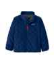 Blue quilted outdoor jacket with red zipper pull, perfect for PNW adventures and coastal style.