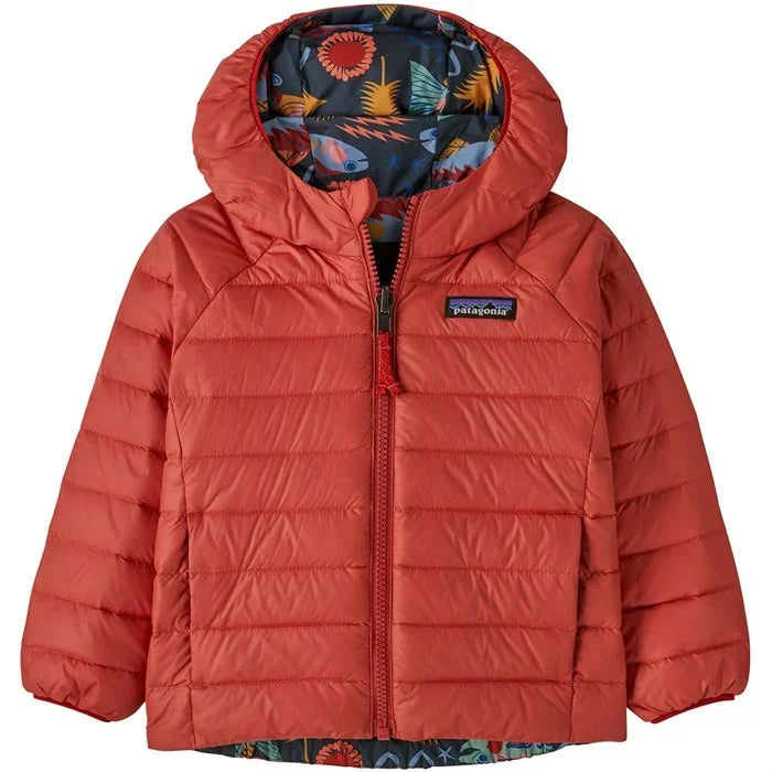 Red Patagonia kids puffer jacket with floral hood lining, perfect for PNW outdoor adventures