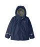 Navy blue kids rain jacket with hood and reflective stripes for PNW outdoor adventures