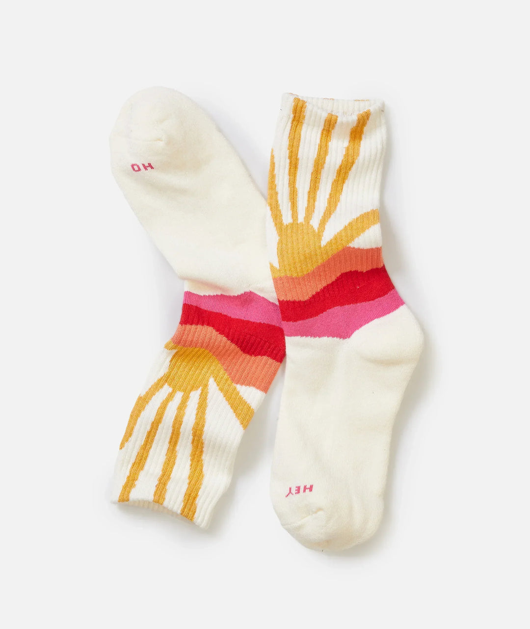 Cream socks with sunset design, orange sunburst and pink-red stripes, 'OH' and 'HEY' text on toes