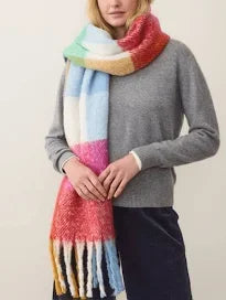 Colorful striped scarf with fringe, perfect for coastal PNW adventures and everyday outdoor style