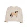 Cream fuzzy sweater with embroidered horse, cozy outdoor style for PNW adventures
