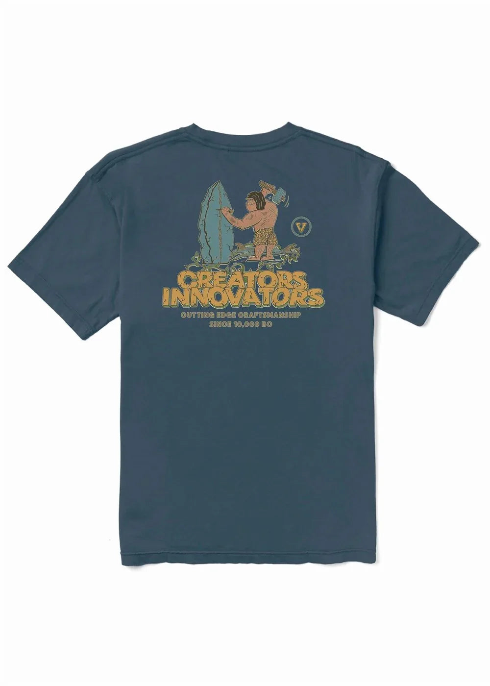 Dark blue t-shirt with 'Creators Innovators' graphic, caveman carving stone, vintage outdoor style