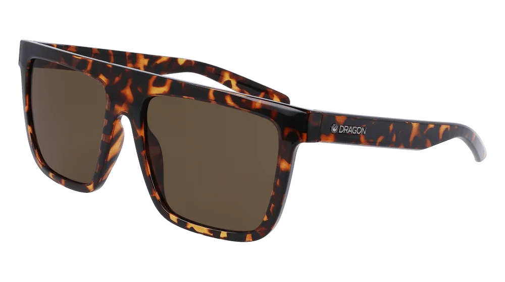 Tortoiseshell square sunglasses with brown lenses, Dragon brand logo on temple