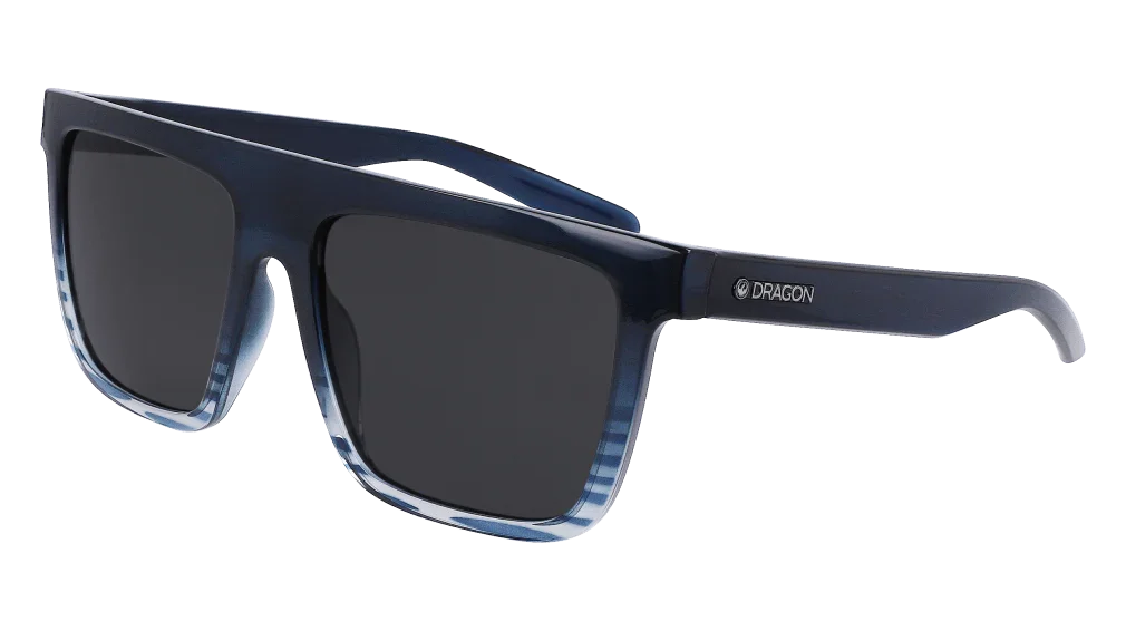 Dragon brand blue-tinted sunglasses with dark lenses, ideal for outdoor adventures and board sports.