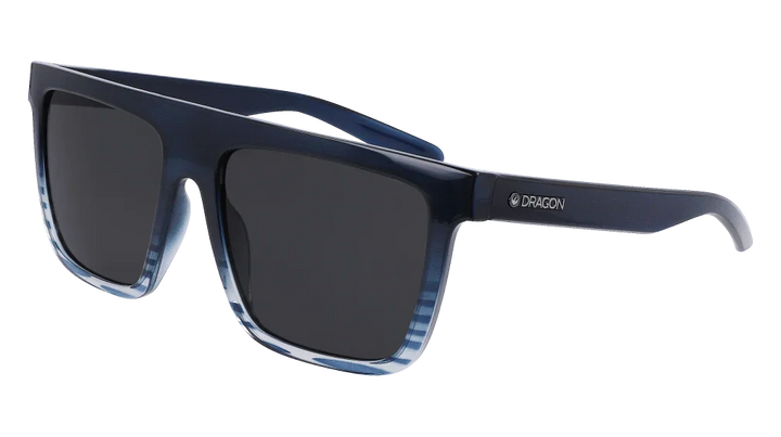 Dragon brand blue-tinted sunglasses with dark lenses, ideal for outdoor adventures and board sports.