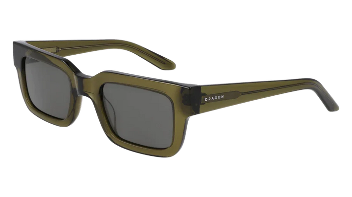 Olive green square sunglasses with dark lenses and Dragon branding on temple