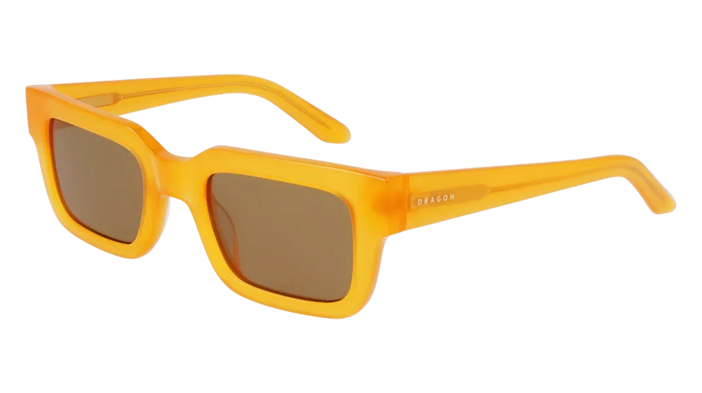 Stylish yellow square sunglasses with brown lenses, perfect for outdoor adventures and sunny days.