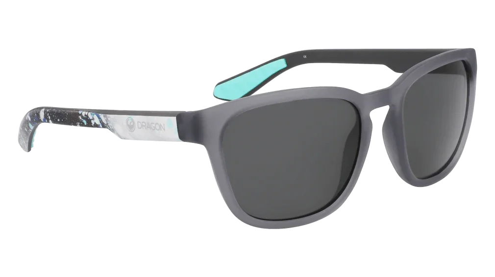 Dragon brand polarized sunglasses with gray frame, blue accents, and patterned arms for outdoor adventures.