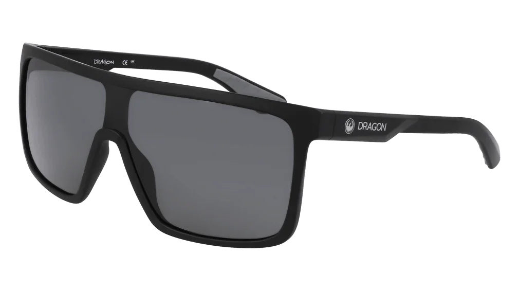 Dragon brand black wraparound sunglasses with gray lenses, ideal for outdoor sports and sun protection