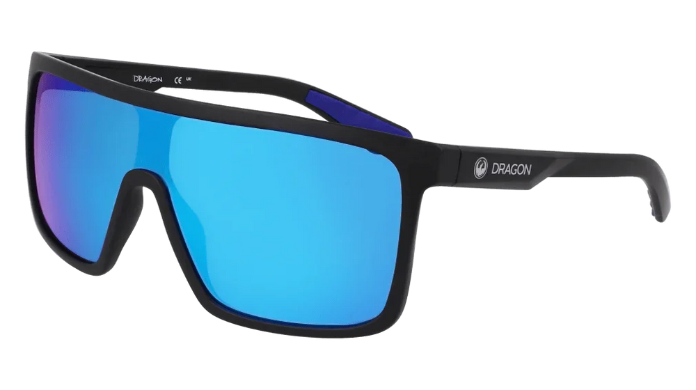 Dragon brand sport sunglasses with blue mirrored lenses and black frame for outdoor activities