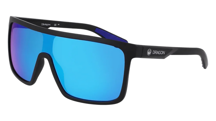 Dragon brand sport sunglasses with blue mirrored lenses and black frame for outdoor activities