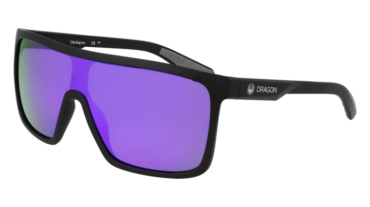 Dragon brand sport sunglasses with purple mirrored lenses and black frame for outdoor activities