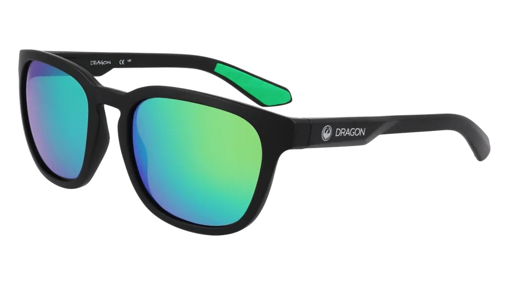 Dragon sunglasses with black frames and green-blue mirrored lenses, ideal for outdoor adventures