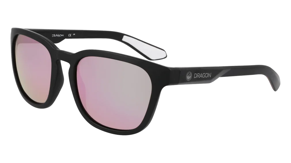 Dragon sunglasses with black frames and pink mirrored lenses, ideal for outdoor adventures.