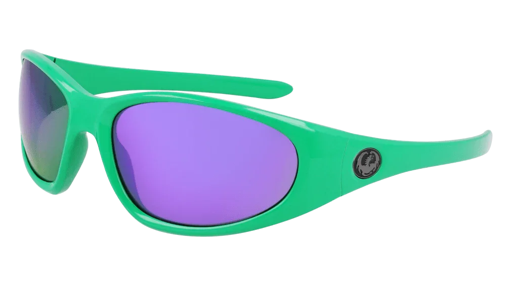Bright green kids sunglasses with purple mirrored lenses, perfect for outdoor adventures and sports.