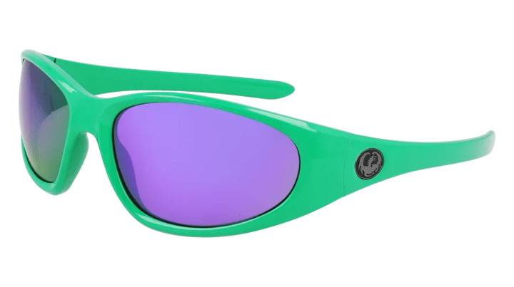 Bright green kids sunglasses with purple mirrored lenses, perfect for outdoor adventures and sports.