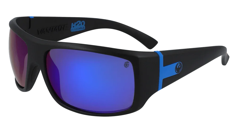Black H2O floatable sunglasses with blue mirrored lenses and blue accents, ideal for water sports and outdoor adventures.