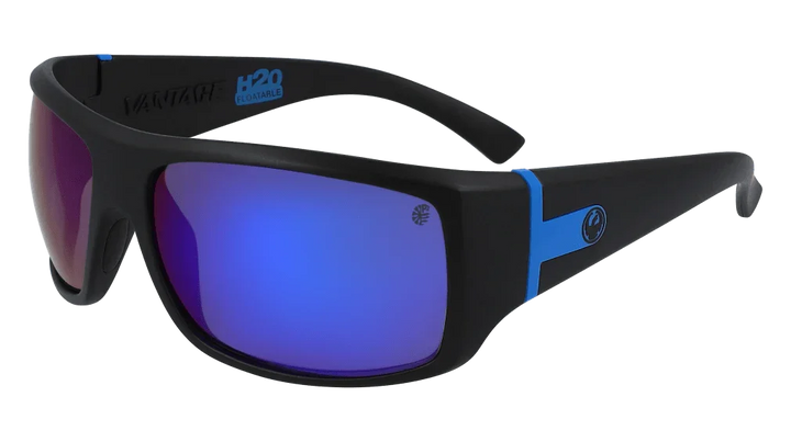 Black H2O floatable sunglasses with blue mirrored lenses and blue accents, ideal for water sports and outdoor adventures.