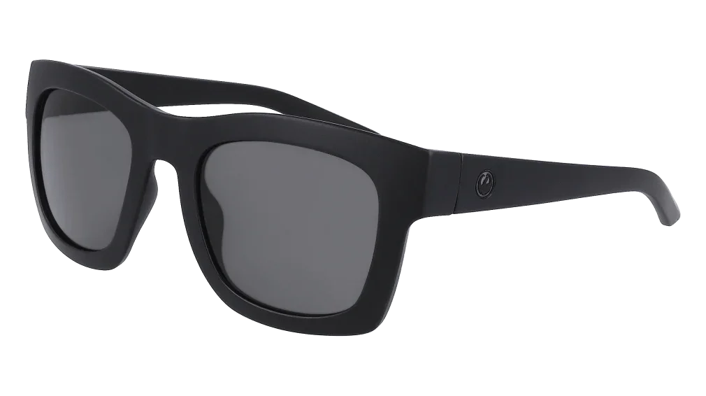 Black matte square sunglasses with dark lenses, ideal for outdoor adventures and board sports.