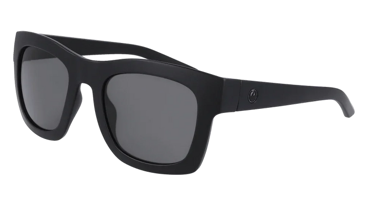 Black matte square sunglasses with dark lenses, ideal for outdoor adventures and board sports.