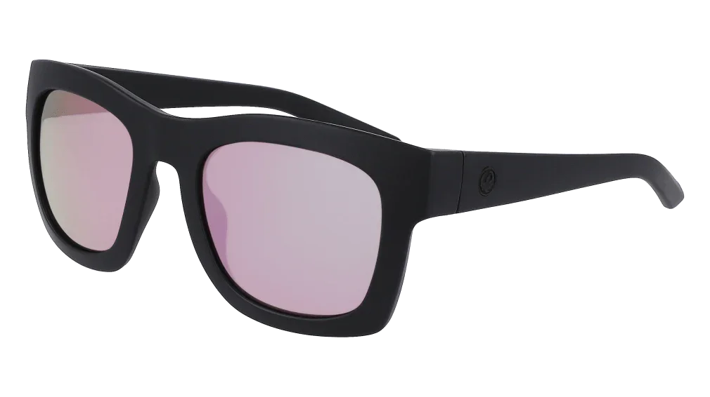 Black matte sunglasses with pink mirrored lenses, ideal for outdoor adventures and board sports.