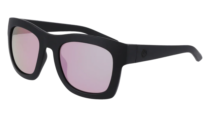 Black matte sunglasses with pink mirrored lenses, ideal for outdoor adventures and board sports.