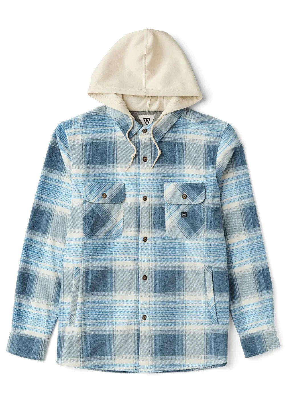 Blue and white plaid hooded flannel shirt with front pockets, perfect for PNW outdoor adventures