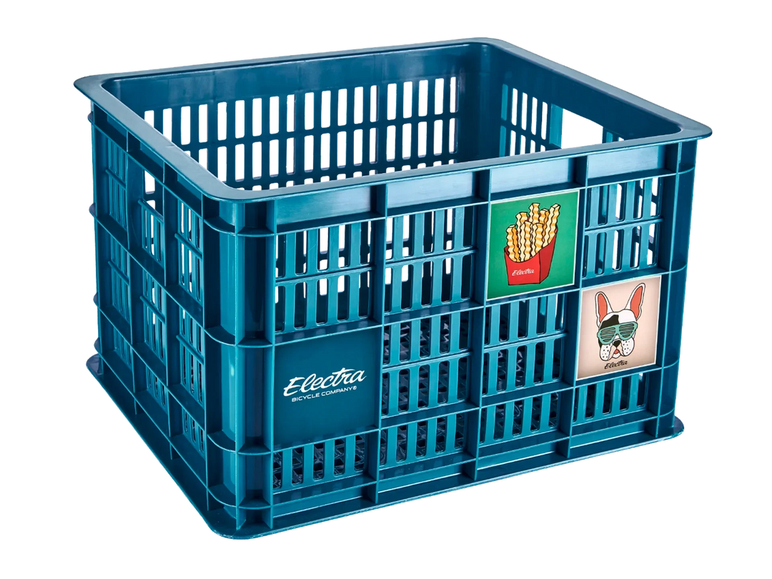 Teal Electra bike basket with fries and dog graphics, perfect for cycling storage