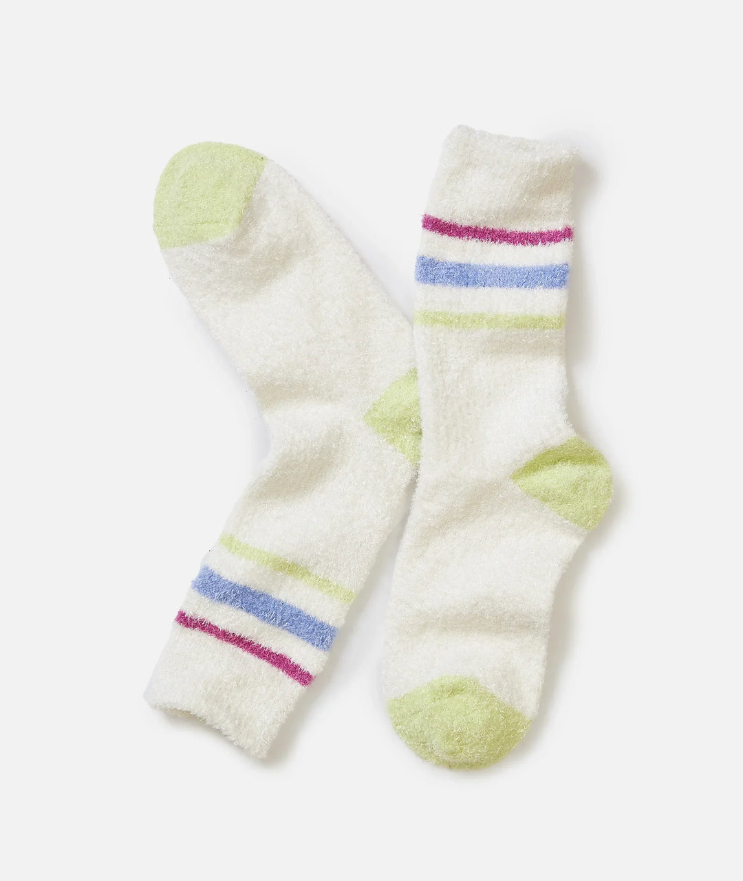 Cozy fuzzy socks with pastel stripes and lime toe accents, perfect for PNW weekends and outdoor lifestyle comfort.