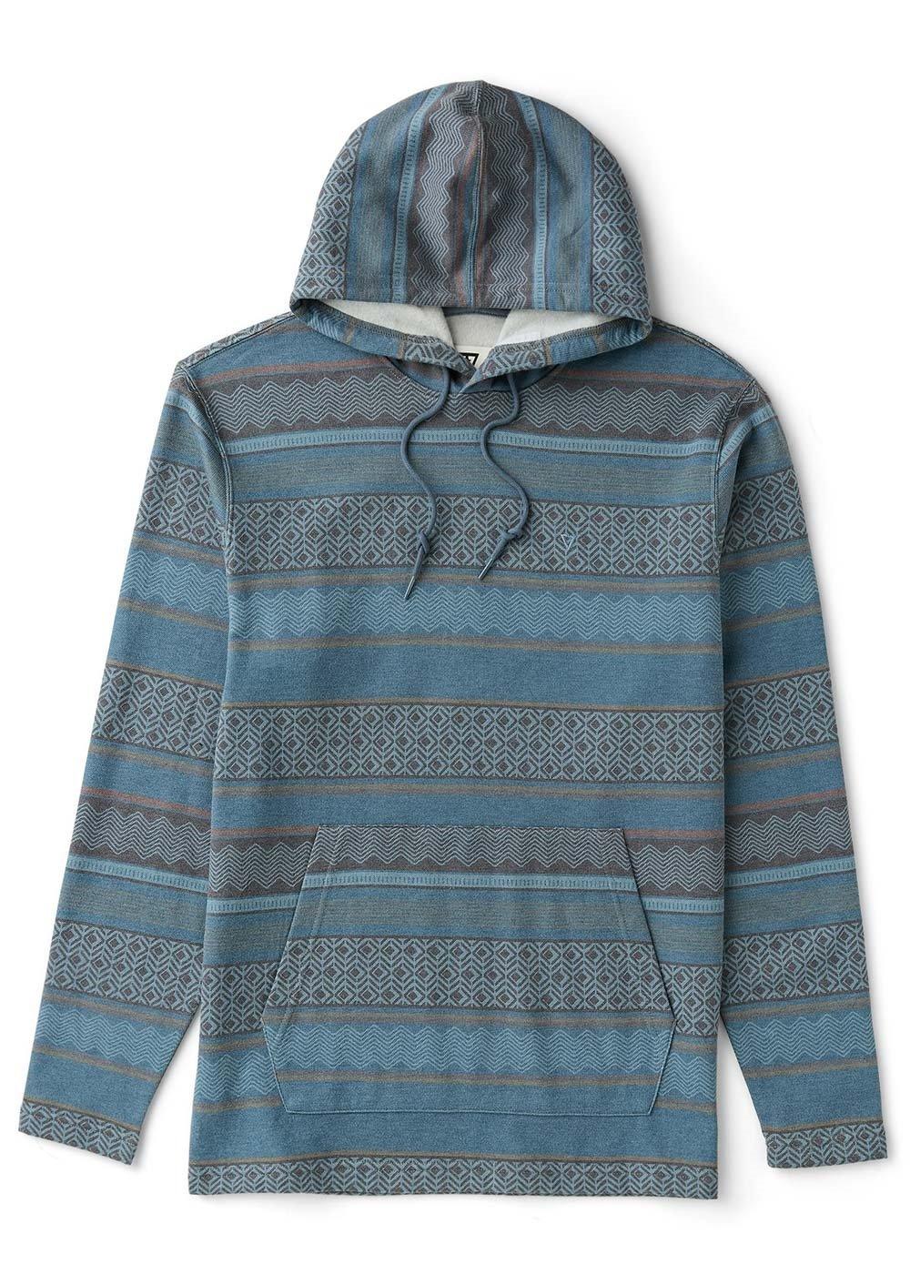 Blue patterned hoodie with geometric stripes, perfect for coastal PNW adventures and everyday outdoor style.
