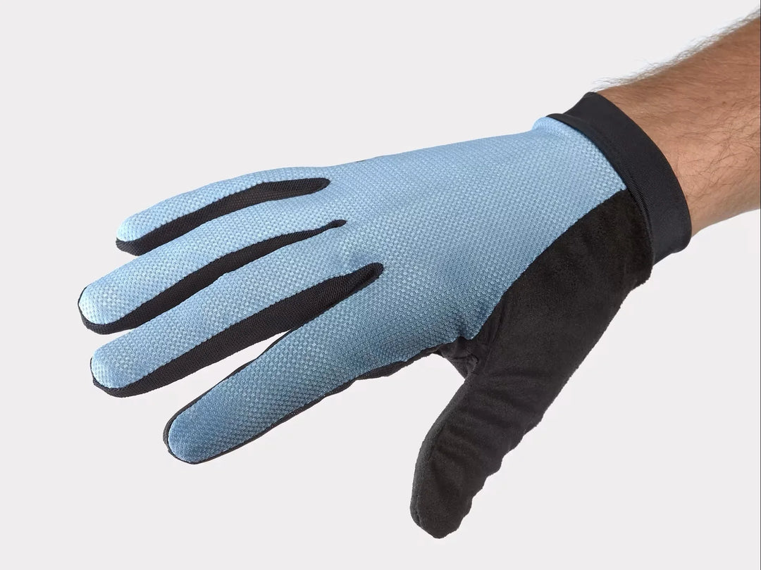 Light blue and black outdoor gloves with textured grip, ideal for biking and trail adventures