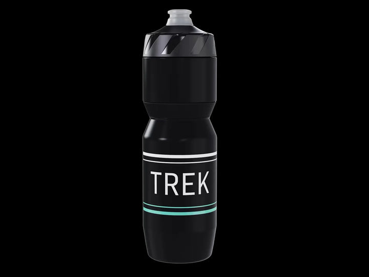 Black Trek cycling water bottle with white and teal stripes, ideal for bike rides and outdoor adventures.
