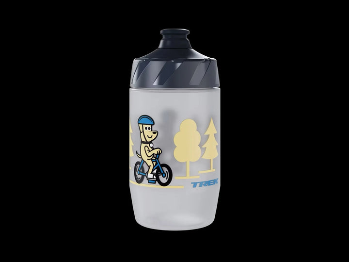 Trek bike water bottle with dog riding bicycle, trees design, for outdoor adventures and trail rides
