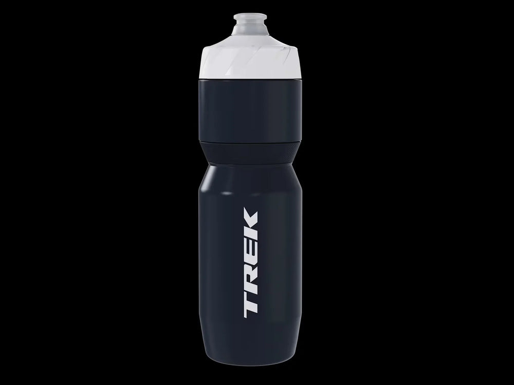 Trek bike water bottle for cycling adventures, black with white lid and logo