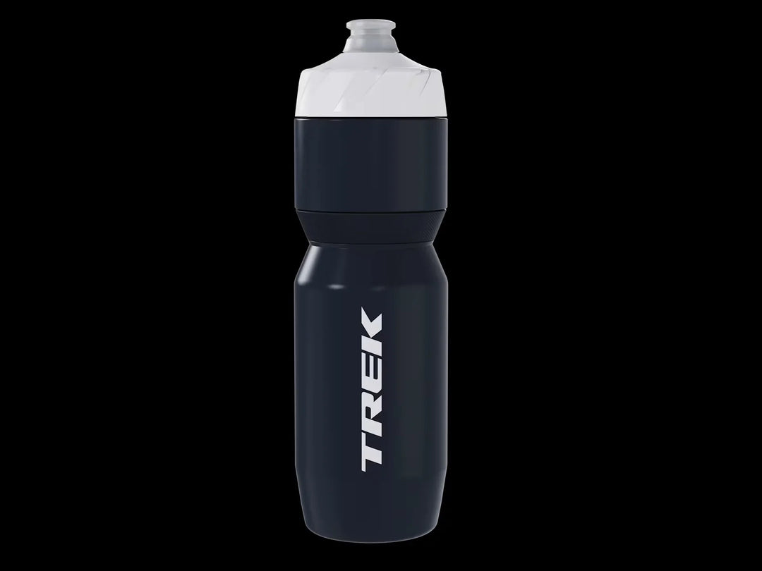 Trek bike water bottle for cycling adventures, black with white lid and logo