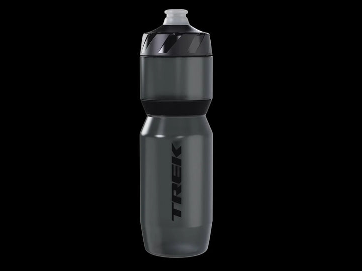 Trek branded gray bike water bottle with black accents, ideal for cycling adventures and outdoor activities