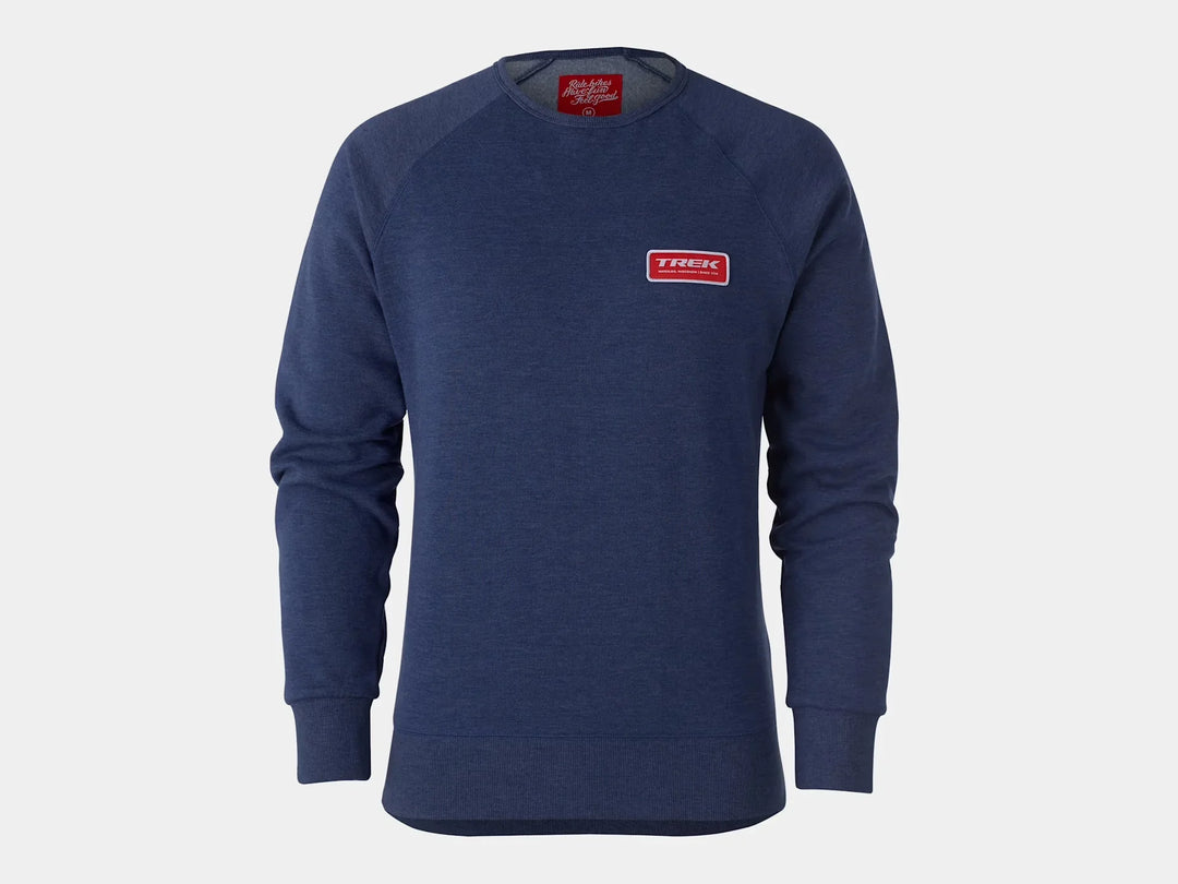 Navy blue Trek crewneck sweatshirt with red logo, perfect for bike rides and outdoor adventures.
