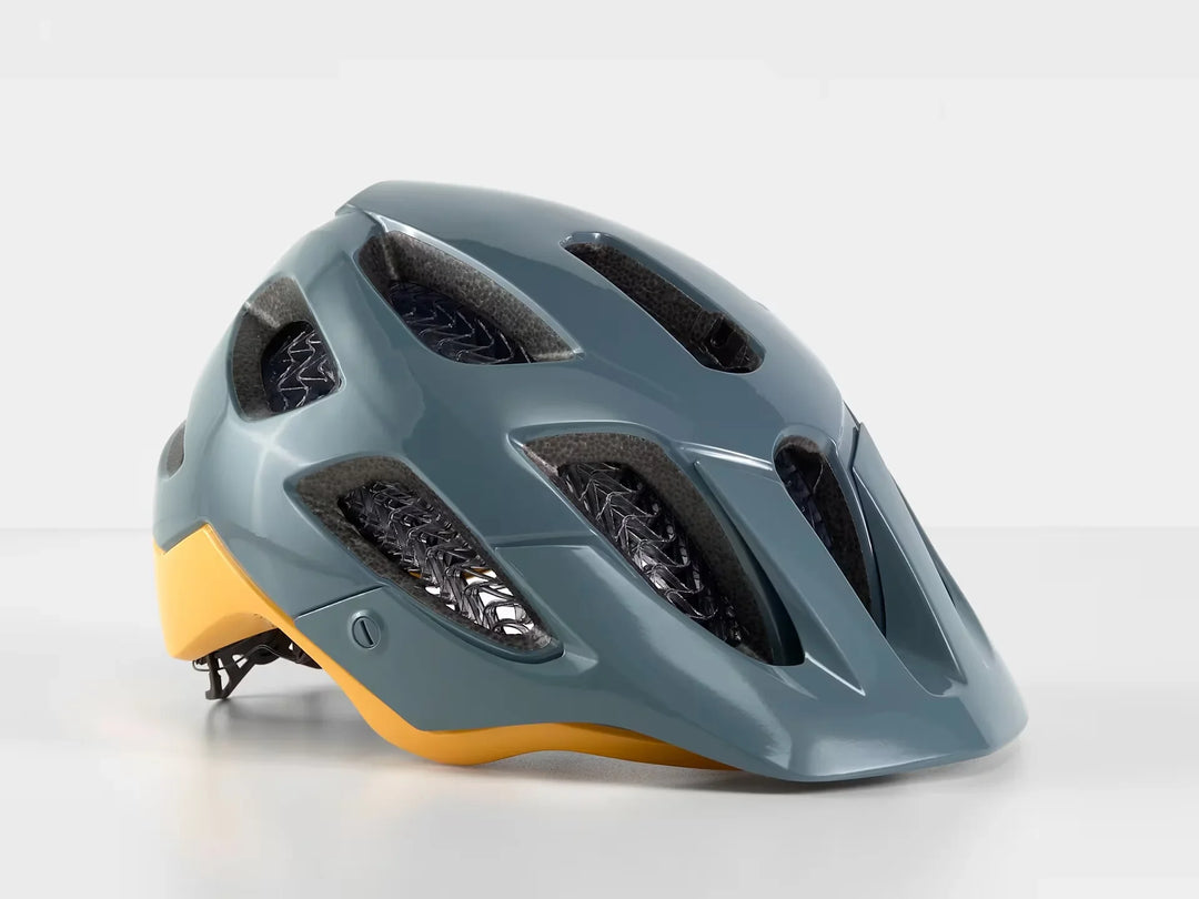 Blue and yellow bike helmet with ventilation for trail riding and outdoor adventures
