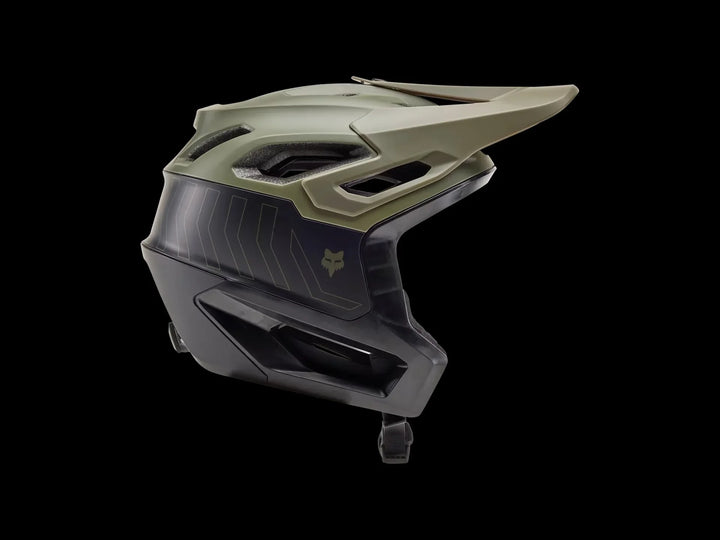 Olive and black mountain bike helmet with fox logo, vented design, and adjustable chin strap for trail riding safety.