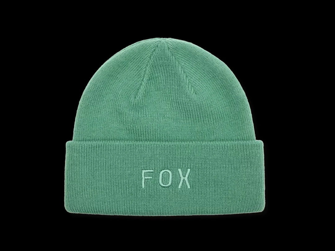 Mint green knit beanie with embroidered FOX logo, cozy outdoor winter hat for PNW adventures