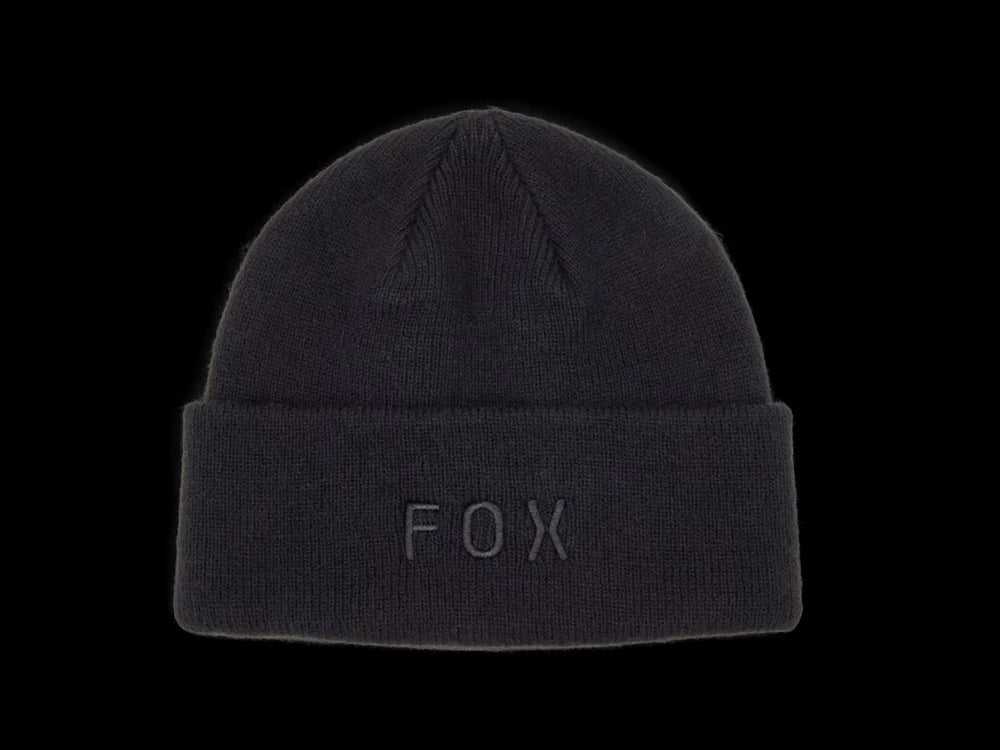Black knit beanie with FOX logo, cozy winter headwear for outdoor adventures