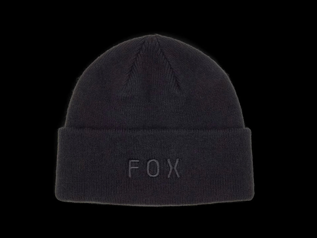 Black knit beanie with FOX logo, cozy winter headwear for outdoor adventures