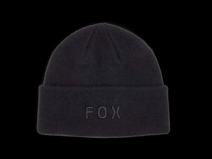 Black knit beanie with FOX logo, cozy winter headwear for outdoor adventures